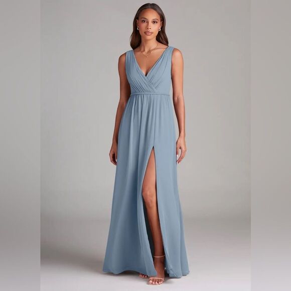 AZAZIE Tanicia Women’s NWT’s 
Dusty Blue A-Line Pleated Chiffon Formal Dress C - Picture 1 of 16